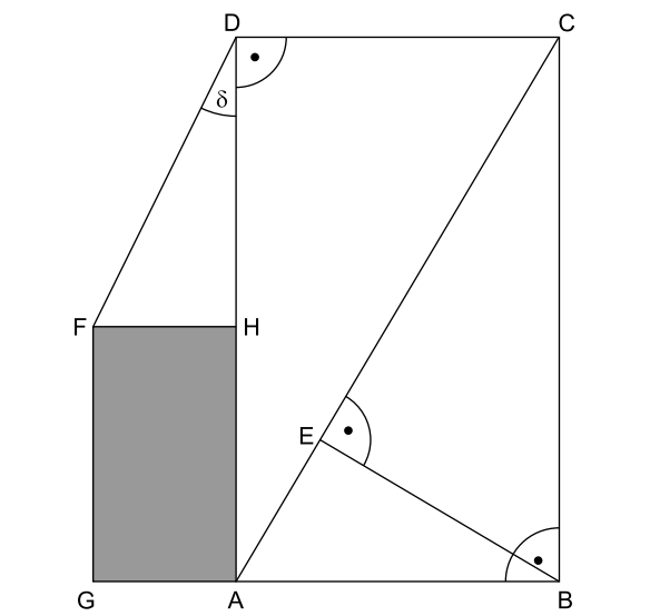 Geometrische Skizze mit markierten Punkten, Linien und einem schattierten Rechteck.